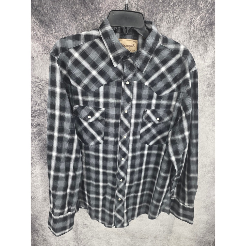 Wrangler Western Shirt Mens Large Black Plaid Pearl Snap Cowboy Rodeo Ranchwear
